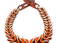 AW15-OGLU ORANGE  Grafias Leather Necklace Orange patent leather necklace featuring gold and black accented edges.